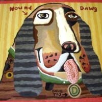 A colorful painting of a stylized dog with the words "hound" and "dawg" written alongside it.