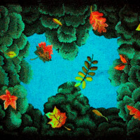 A handmade rug of a serene pond surrounded by lush foliage and autumn leaves.