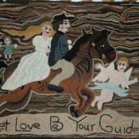 A handmade textile featuring a couple on a horse, two children, and a message that reads "let love be your guide.