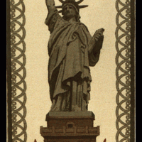 Illustration of the statue of liberty with a decorative border, commemorating the centennial from 1886-1986.