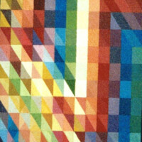 Colorful geometric abstract painting with triangle patterns.