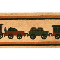 Embroidered textile depicting a colorful train with a locomotive, cargo car, and passenger car.