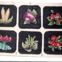 Six embroidered patches featuring various vegetables on a black background.