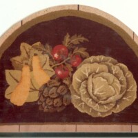Semi-circular tapestry featuring a still life arrangement with fruits and flowers.