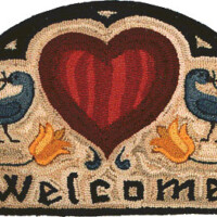 Semicircular welcome mat with heart and birds design.