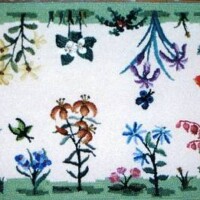 Embroidered floral pattern on a fabric surface.