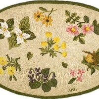 Oval floral rug with various embroidered flowers on a beige background.